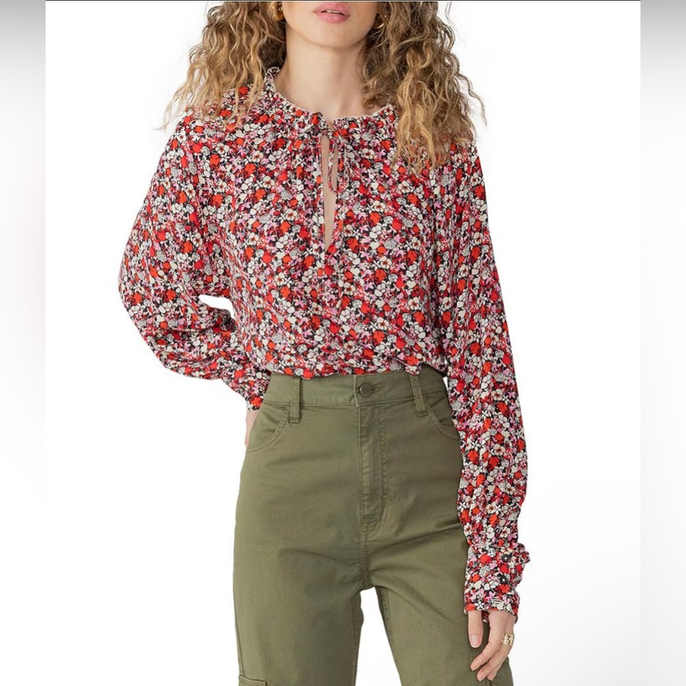 Sanctuary Flower Power Print Tie Neck Red Long Sleeve Button cuff Blouse Top 1X